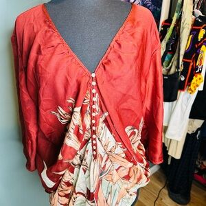 New York & Company Sheer Rust High Low V-Neck 3/4 Sleeve Blouse Size Medium